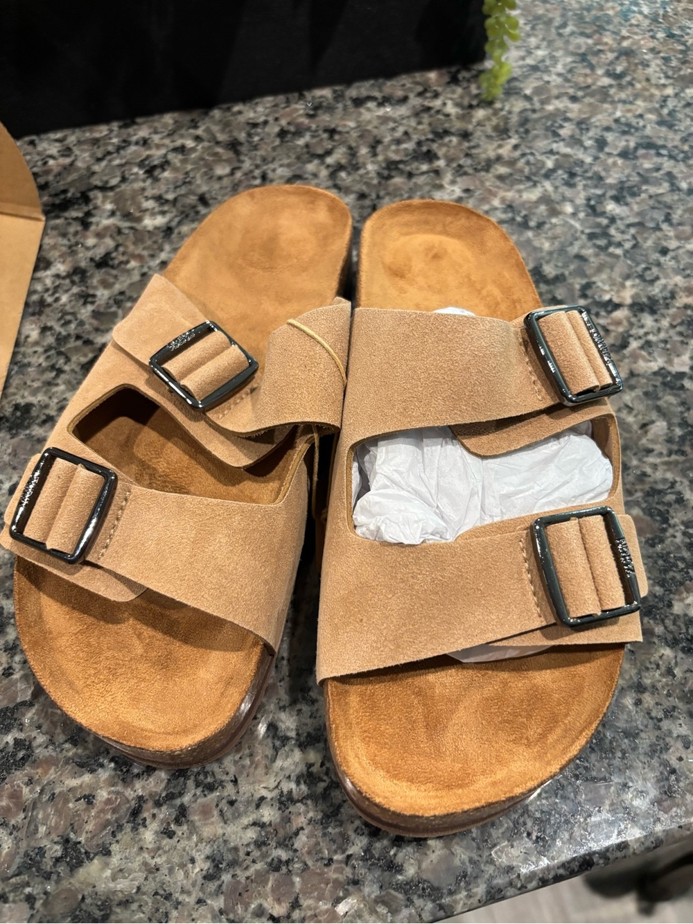 Tan Suede Double-Buckle Slide Sandals